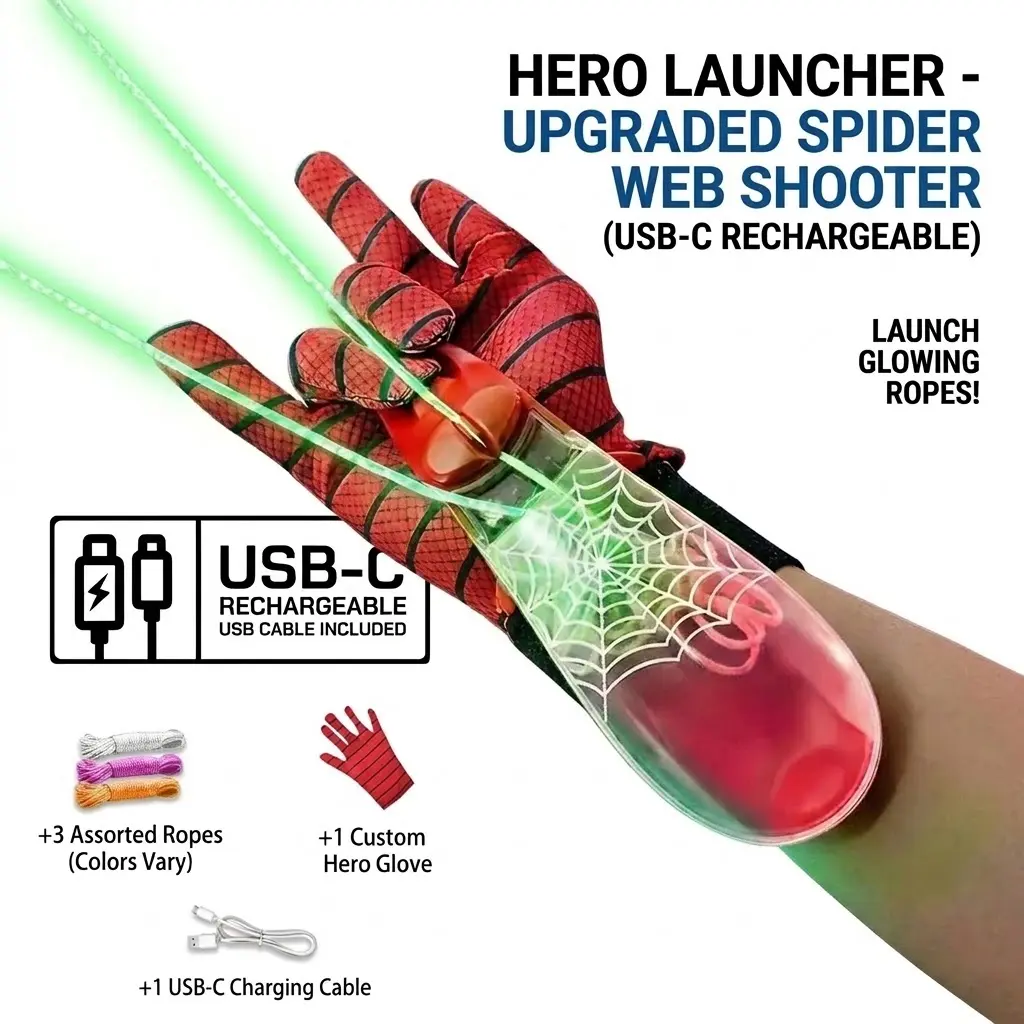 2026 Brand New USB-C Rechargeable String-Launching Webshooter - Glows-In-the-Dark Classic Novelty Stress Relief Toy, Cool Gift for Kids' Holidays & Birthdays