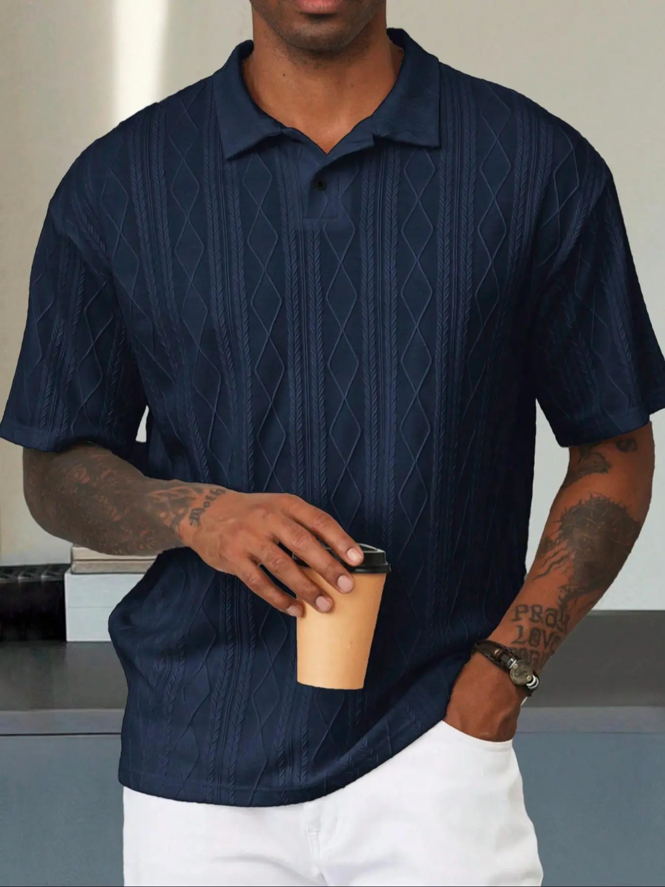 Men's Textured Design Knitted Polo Shirt, Casual Summer Fitted Plain Pattern Short Top, Soft Breathable Moderate Fabric Men's Clothing for Daily Wear Trendy Casual Menswear