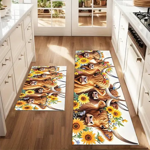 2Pcs Highland Cow Watercolor Sunflower Floor Mat Set Farmhouse Kitchen Carpet Restaurant Floor Laundry Room Decor Carpet Mat Home Decor Rugs Decorative Rugs