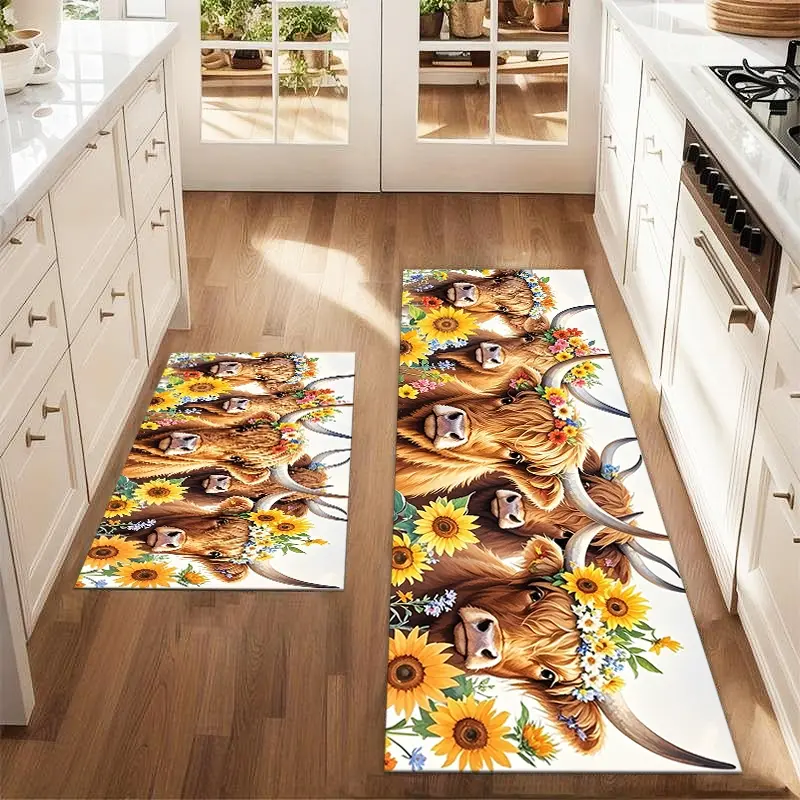 2Pcs Highland Cow Watercolor Sunflower Floor Mat Set Farmhouse Kitchen Carpet Restaurant Floor Laundry Room Decor Carpet Mat Home Decor Rugs Decorative Rugs