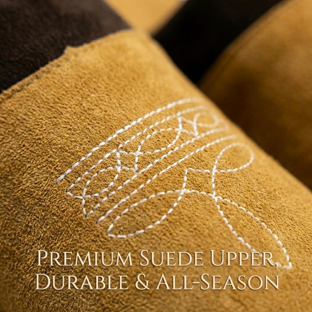 Western Suede Slippers with Boot Stitch – Square Toe House Shoes for Men & Women, Indoor Outdoor