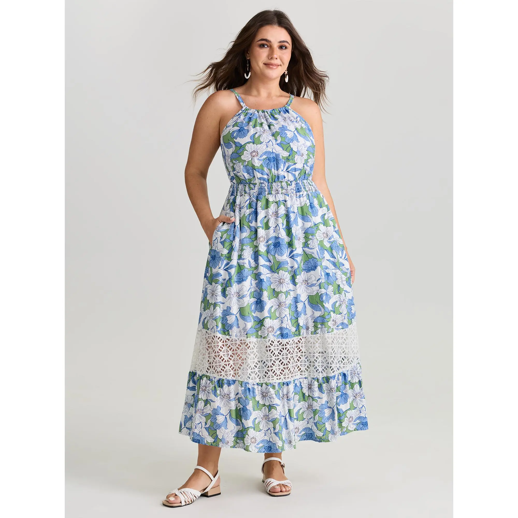 BloomChic Women's Plus Size Dress, Hippie Style Ditsy Floral Midi with Smooth Rayon Spandex, Colorblock Patchwork and Lace Trim Cut-Outs, Casual, Fabric, Low Iron, Casual Wear, Bohemian