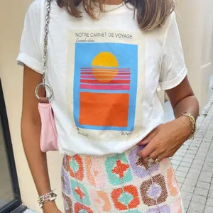 Women's Oversized Travel Notebook Sunset Graphic T-Shirt Short Sleeve Tee Retro Geometric Sun Print Casual Streetwear Tops for Summer Vacation Fans