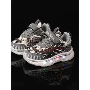 Boy's Cartoon Dinosaur Pattern Sneakers, Casual Breathable Comfortable Sports Running Shoes, LED Light Up Shoes for Daily Wear