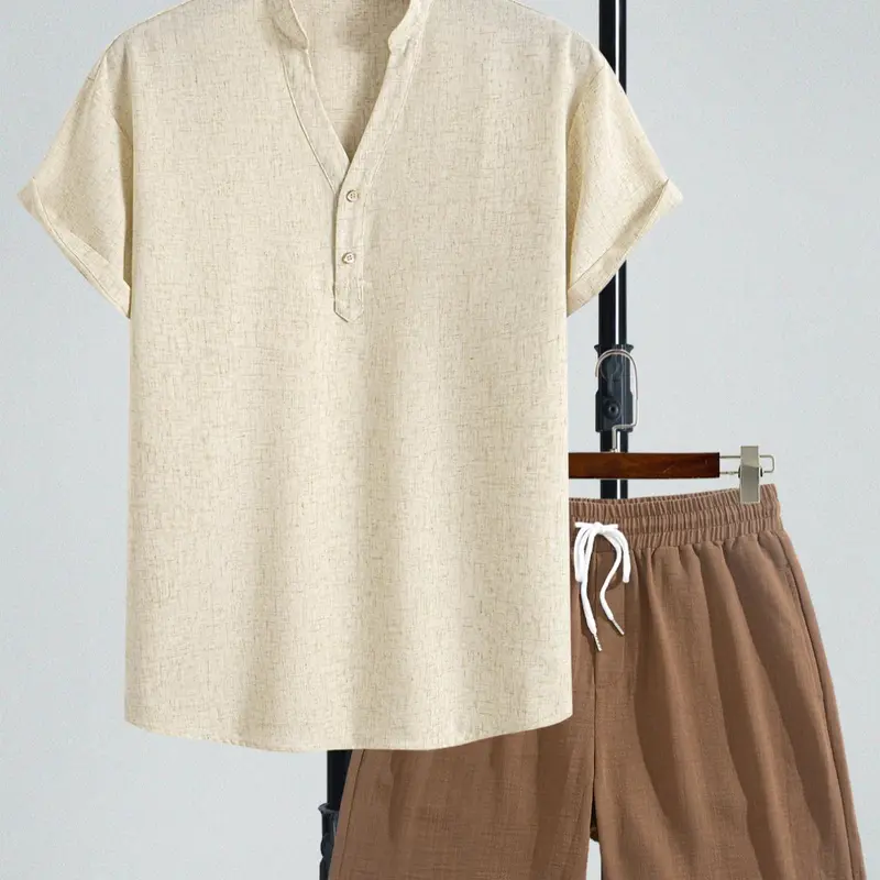 Men's Solid Color Plain Shirt & Drawstring Waist Shorts Set, Loose Casual Short Sleeve Button Up Top & Bottoms, Summer Clothes Set for Men, Loose Fit Set, Casual Clothing Set, Menswear