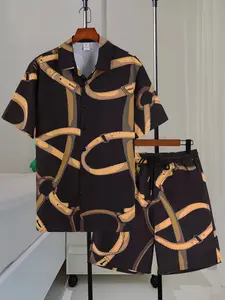 Men's Chain & Belt Print 2-Piece Loungewear Set - Short Sleeve Camp Collar Shirt & Drawstring Shorts, Soft Lightweight Fabric, Relaxed Fit for At-Home Lounging, Lazy Days & Casual Nights, Homewear