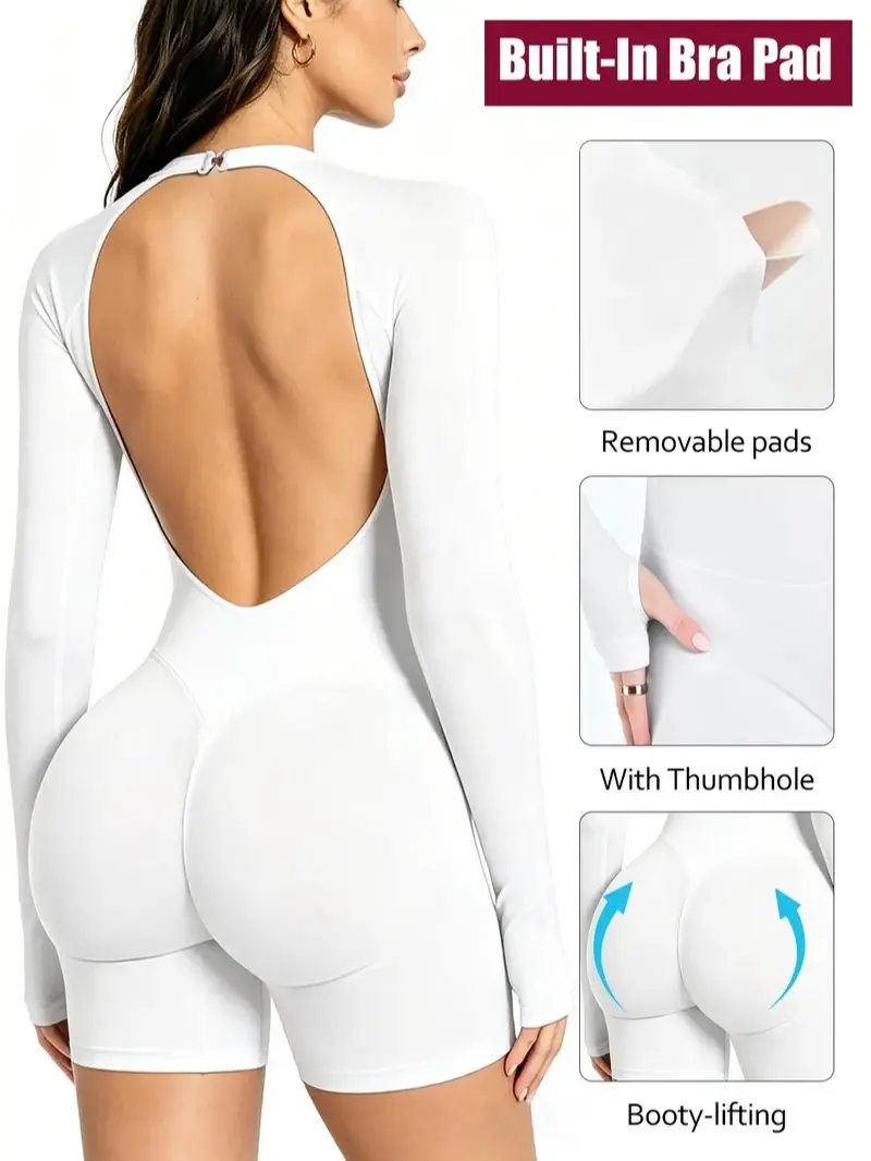 DFYEE Long Sleeve Seamless Halter Sports Jumpsuit - Large Backless, Snap Design, Quick-Dry Breathable, Hand-Cover Sleeves, Hip-Lifting, Quick-Dry Fitness Bodysuit for Fitness, Dance & Outdoor Activities