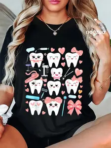 100% Cotton Unisex Pink Coquette Bow Cute Teeth Dentist Squad Dental Assistant T-Shirt Casual Top