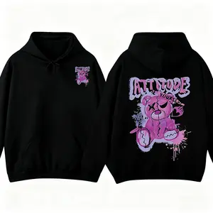 Attitude Graffiti Teddy Bear Hoodie Double-Sided Y2K Grunge Aesthetic Oversized Sweatshirt Unique Design Long Sleeve Casual Pullover