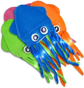 Set of 4 Flashing Light Up Silly Squid Hats with Googly Eyes and Tentacles in Assorted Colors