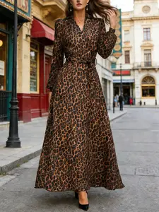 Women's Leopard Print Dress, V-Neck Long Sleeve Party Gown, Fall Fashion Digital Print, Elegant Fit, Ladies' Clothing
