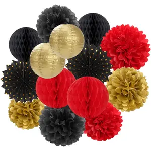 Ouruola 14pcs Red-Black Gold Casino-Theme Festive Decorations Kit - Paper Fans, Tissue Pom Poms, Honeycomb Balls, Streamers, Lanterns for Graduation 2025 Party Ornaments