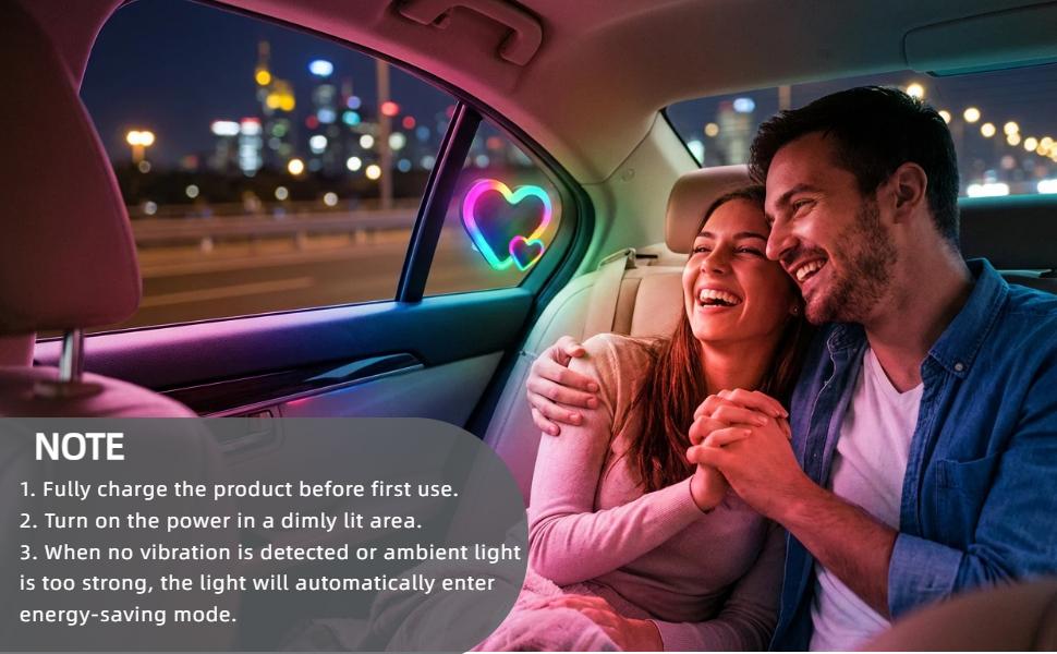 New Car LED Ambient Lighting - seven Colors eight Modes RGB Solar Powered&USB Charging Two Heart-Shaped Neon Light for Window Car Interior Light Decoration IP65 Waterproof