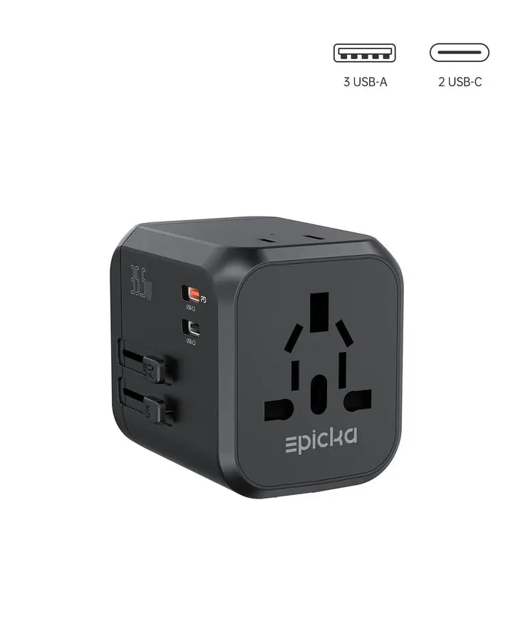 Epicka TA-205 Universal Travel Adapter - 35.5W PD, 7-Port, Compatible with Cellphone, Electronic Device, Plug, Socket, Mobile