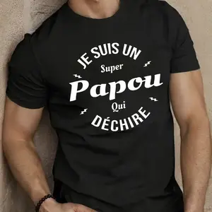 Men'S Black "Super Papou Qui Déchire" Graphic T-Shirt - Casual Summer Tee with French Text & Lightning Bolt Design, Short Sleeve, Round Neck, Casual Summer Wear|Playful Text Tee|Lightweight Tshirt