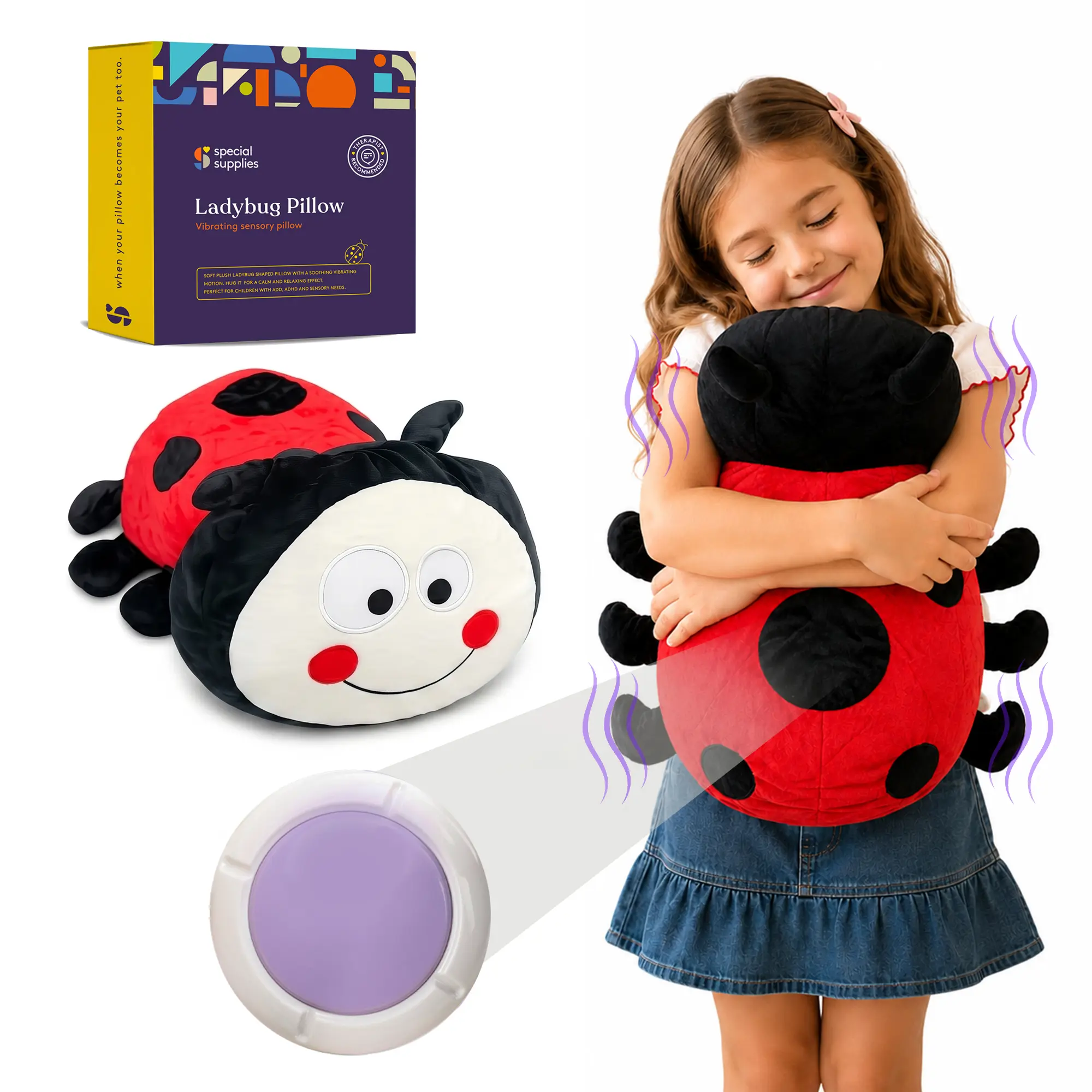 Special Supplies Ladybug Sensory Vibrating Pillow, Pressure Activated for Kids and Adults, Plush Minky Soft with Textured Therapy Stimulation Bumps
