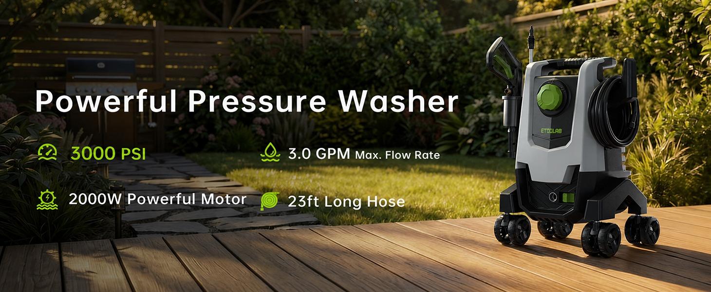3000 PSI Electric Pressure Washer, Portable Power Washer with 23FT Hose, 4 Quick-Connect Nozzles, 4-Wheel 360° Steering, Metal Spray Gun & Auto Shut-Off for Cars, Driveways, Patios & Outdoor Cleaning | Back to School