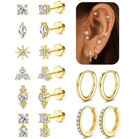 MILACOLATO Women's 20G Surgical Steel Helix Earring Stack Set - Hypoallergenic Body-Safe Earrings with Mix Studs, Small Huggie Hoops, Flat Backs for Custom Layers, Secure Fit, Cubic Zirconia Sparkle, Ceremony Birthday Gift Boxed Set