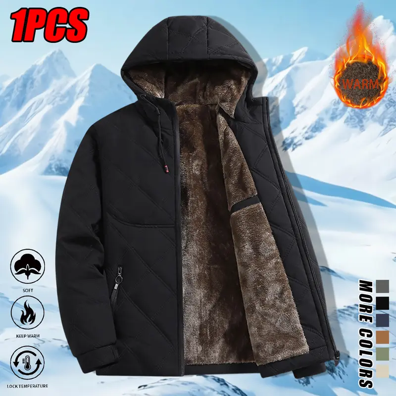 Men's Fall-Winter New Hooded Fleece Casual Long Sleeve Coat - 100% Polyester Menswear Top, Warm Comfortable, Full Zipper Closure, Stand Collar, Side Zippered Pockets, Ribbed Cuffs & Hem, Lightweight Windproof, Ideal for Commuting, Travel