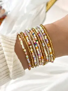 11 Bohemian Style Colorful Crystal Glass Rice Bead Handmade Bead Elastic Bracelet Fashionable and Simple Women's Party Vacation Personalized Multi-layer Stacked Bracelet Set