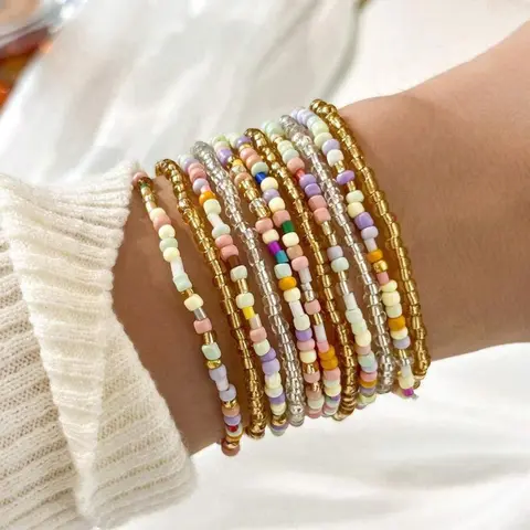 11 Pcs Bohemian Style Colorful Artificial Crystal Glass Rice Bead Handmade Elastic Stackable Beaded Bracelet, Fashionable Simple Women's Personalized Multi-layer Stacked Bracelet Set for Party & Vacation