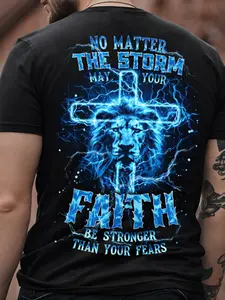 Men's Plus-Size Christian T-Shirt - Jesus Cross Print Cotton Y2K Streetwear Suitable for Church, Casual Wear & Faith Gifts, Machine Washable Round Neck Short Sleeve Top with Son of God - Holiday Gift Apparel for Church Outfits, PLUS SIZE