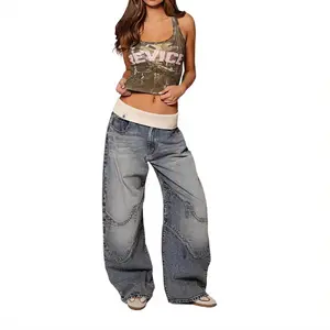 Women's Y2K Fold Waist Baggy Denim Jeans - Vintage Washed Blue, Streetwear Style Lady's Pockets Bottoms