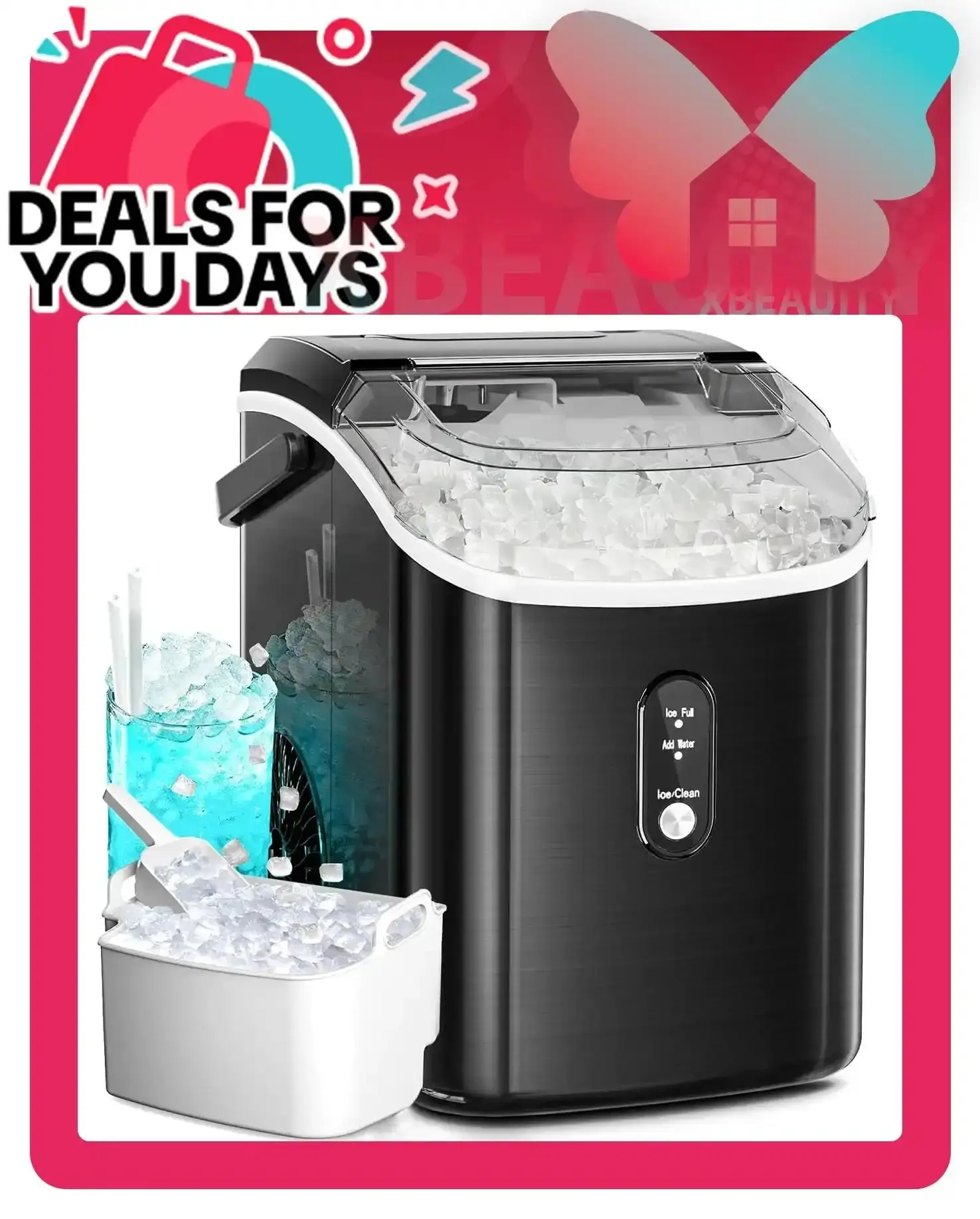 Nugget Countertop Ice Maker with Soft Chewable Ice, 34Lbs/24H, Xbeauty Portable Ice Machine with Ice Scoop, Self-Cleaning, One-Click Operation, for Kitchen,Office Stainless Steel