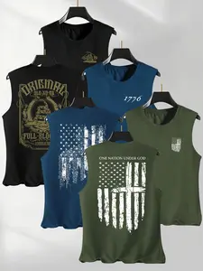 Men's Summer Casual Sleeveless Vest, Flag Number Graphic Print, Outdoor Sports Wear, Sports Apparel, Athletic Activewear, Daily Versatile, 3 Pack Set, Workout Vest, Sleeveless Sports Vests