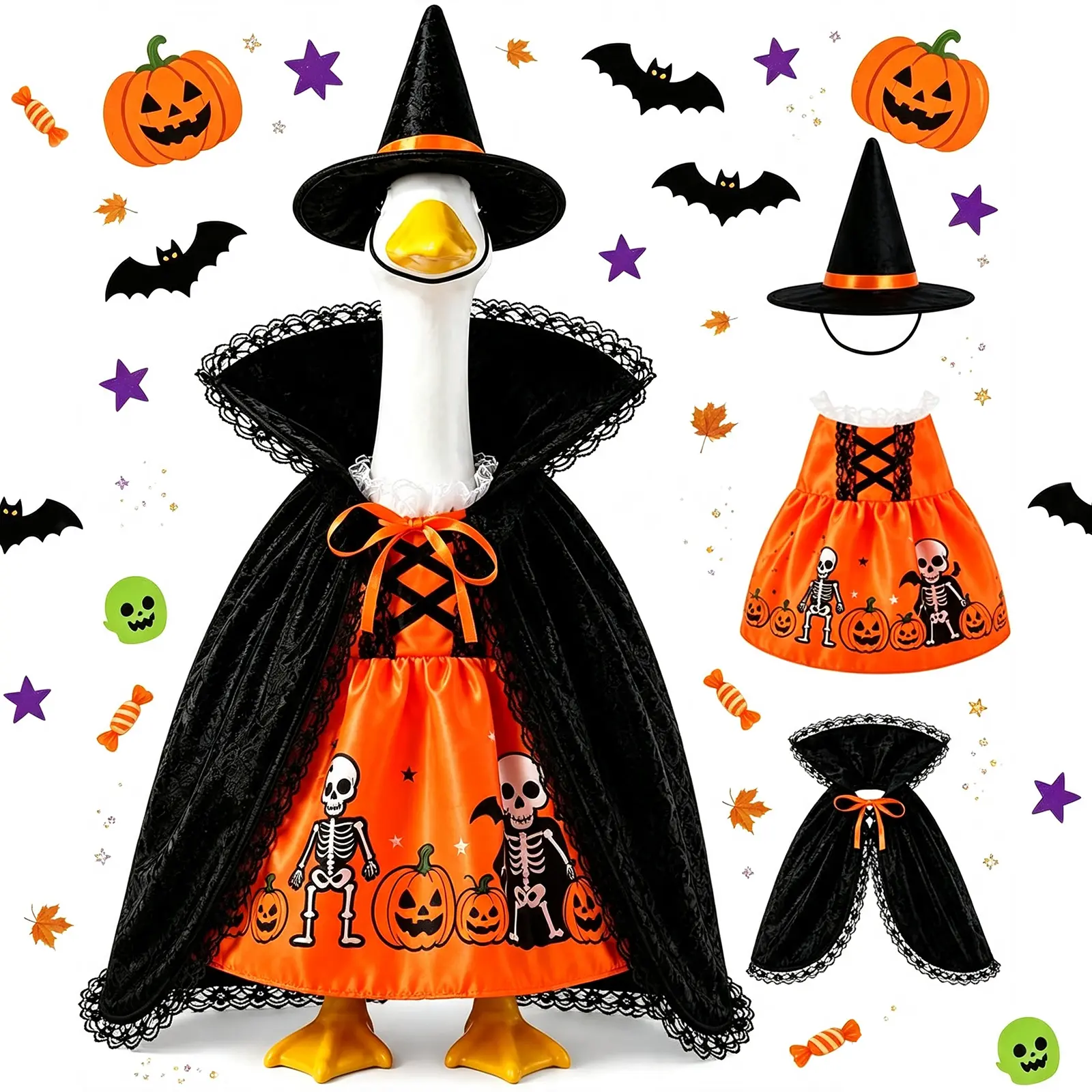 Halloween Porch Goose Outfits for 23'' Lawn Geese Statue Goose Costume with Pumpkin Dress Witch Hat Lace-Trim Cape, Outdoor Garden Goose Decor for Patio Yard Lawn Art Halloween Ornament