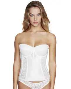 Dominique Colette Lace Longline Strapless Bustier Bra #8949 - Low Back Bridal Corset with Full Support & Shaping - Elegant Lingerie with Detachable Garters - Bone