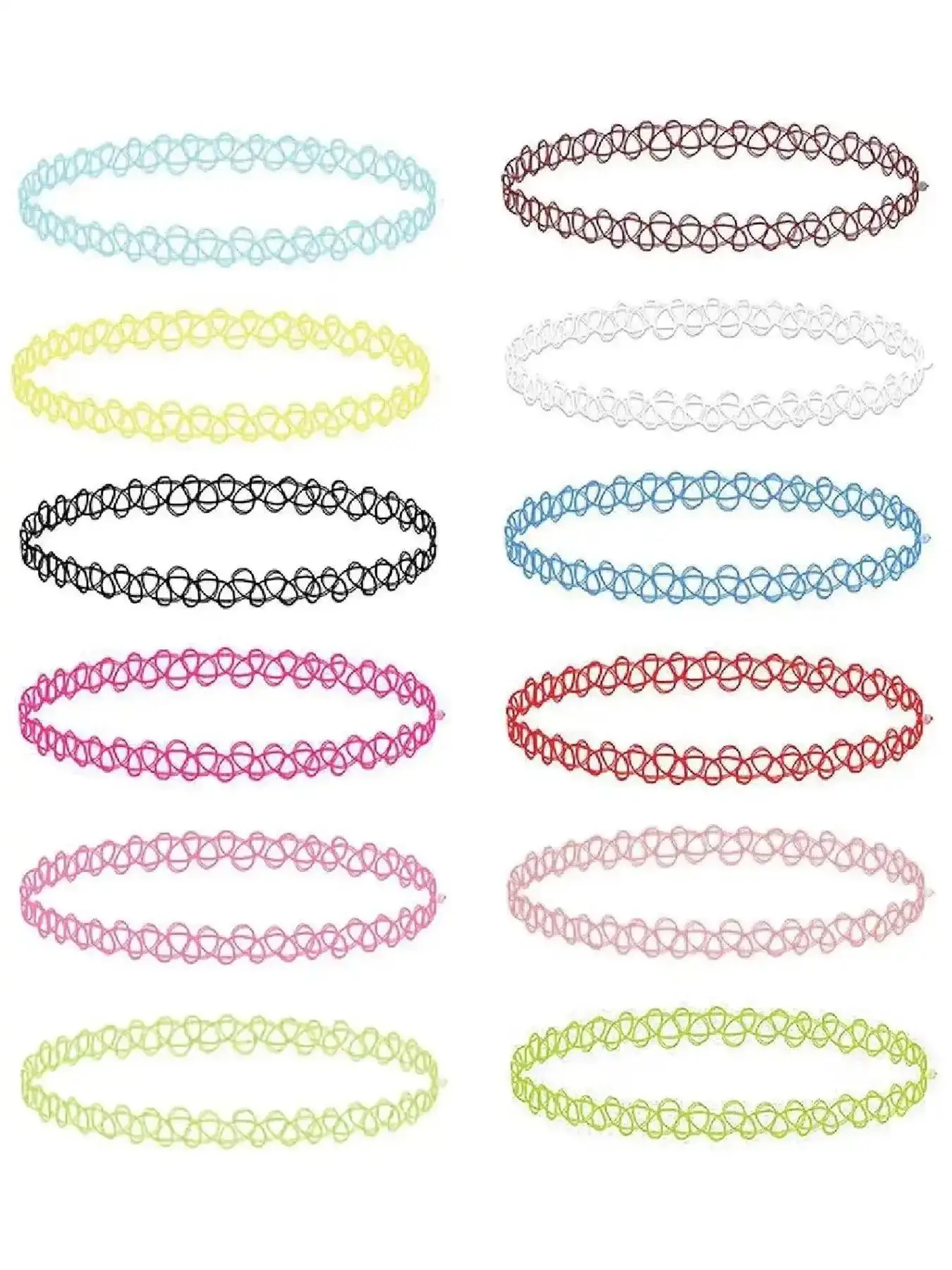 Pink 12PC Tattoo Choker Necklace 90s Accessories 2000s Jewelry Love Y2K Fashion Vintage Trendy Colorful Rainbow Goth Stretchy Elastic Layered Acrylic Stylish Chic Glamorous Style Modern Gift Essential Classy