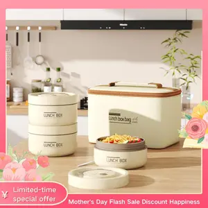 4 Pcs Insulated Bento Box Portable Stainless Steel Food Container Round Microwave Safe Stackable Leakproof Thermal Food Container for Adult Men Women with Insulated Bag(Beige)