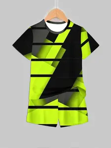 Fluorescent Geometric Patchwork Print Short Sleeve Shorts Set, Trendy Casual Street Kids Clothing, Fashionable and Unique Design, Clothes Kids