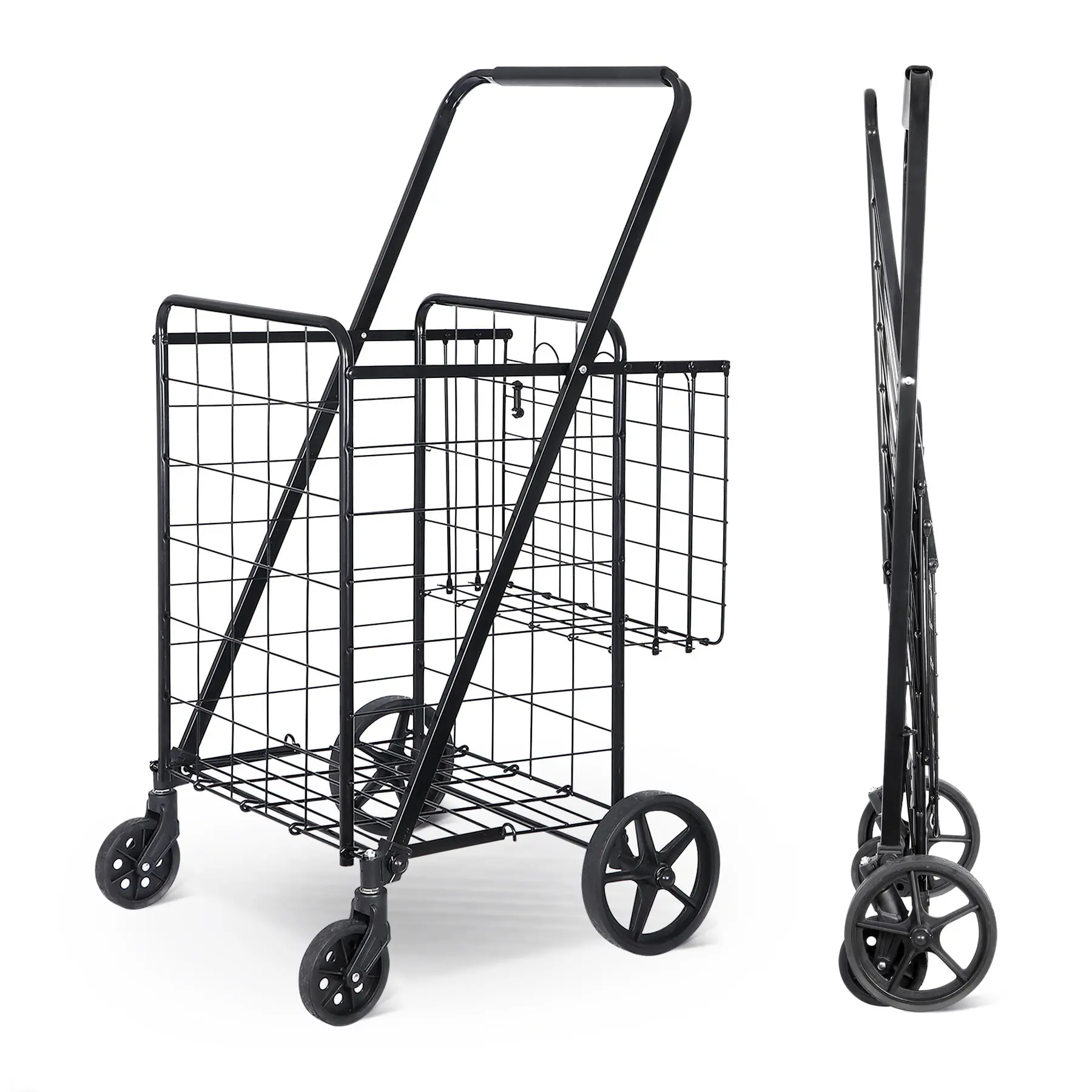 Collapsible Flat Folding Wagon - Heavy-Duty Steel Garden Cart Design, Double Baskets, All-Terrain Transport Wheels, Swivel Wheels for Grocery Haul, Foldable Shopping Cart, Shopping Cart Foldable