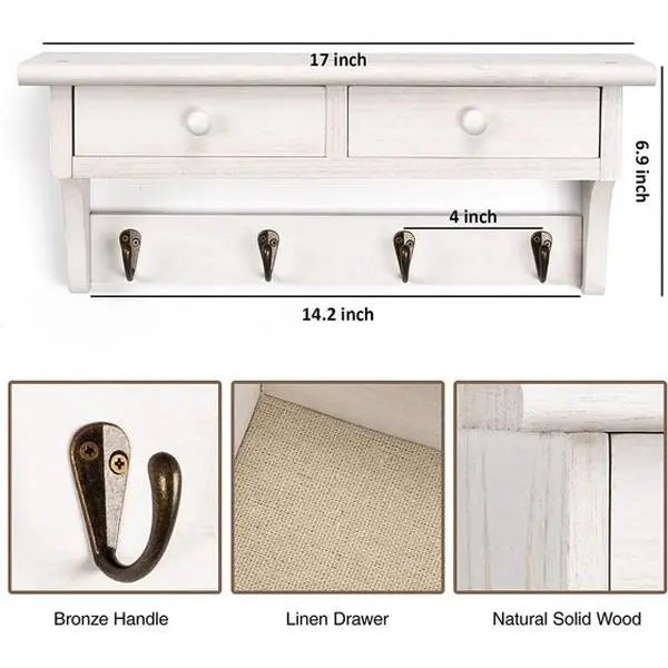 Sfugno Coat Hooks Wall Mounted, Rustic Wood Coat Rack Wall Mount Shelf with Hooks, Farmhouse Wall Coat Rack with Shelf & Coat Hook