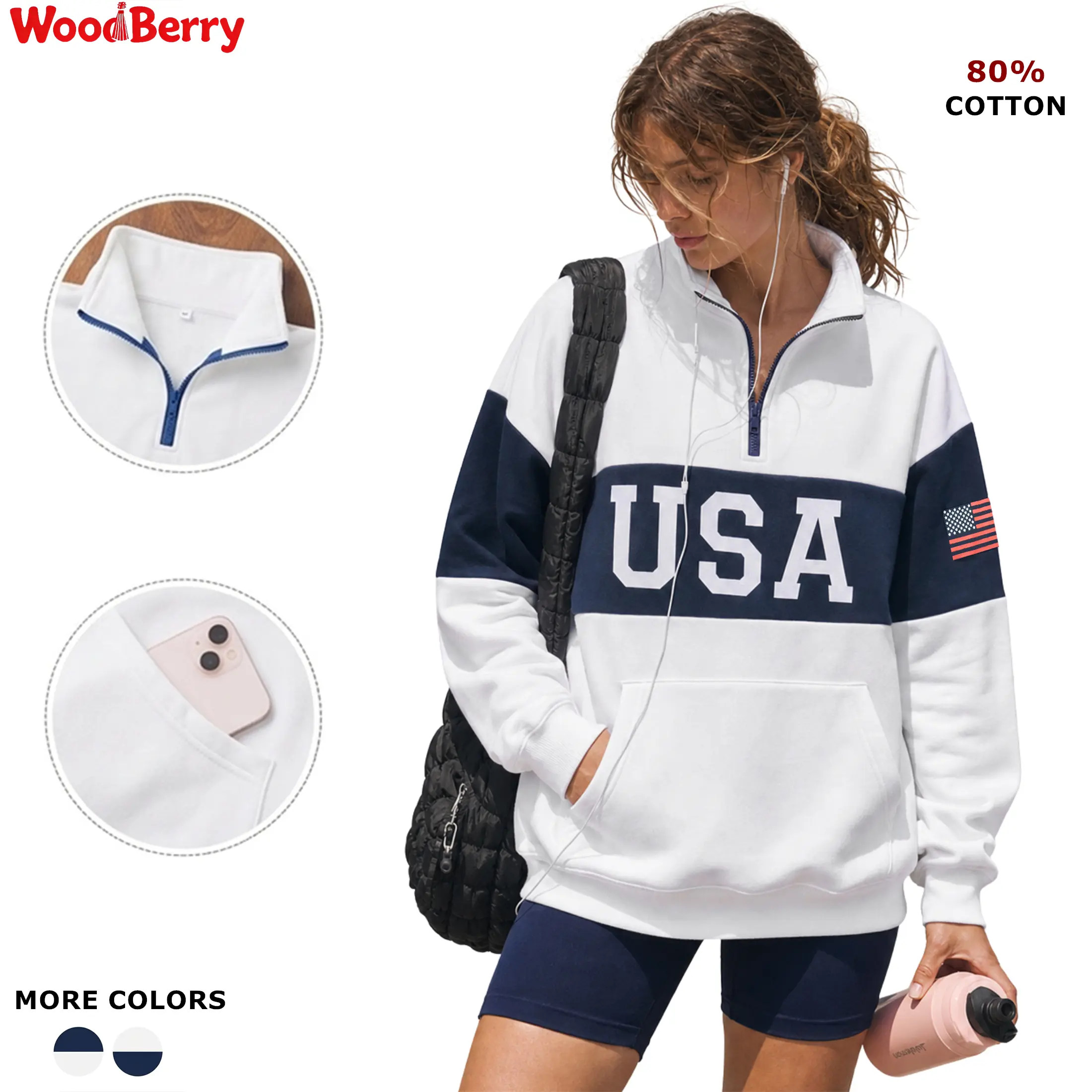 WoodBerry Women's Cotton American Flag Hoodie, Long-Sleeves Crew Neck Lightweight Half-Zip Pullover, Loose Women's Clothes with Pocket for Casual Travel