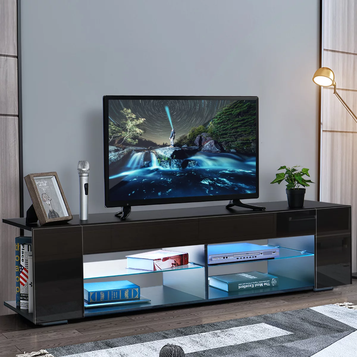 LED TV Stand TV Cabinet for TVs up to 65" with Side Bookshelf and 4 Open Shelves Modern Television Media Console Entertainment Center