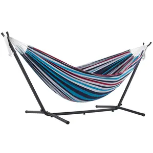 DREAMARA Double Cotton Hammock with Space Saving Steel Stand, Denim (450 lb Capacity - Premium Carry Bag Included), Denim with Charcoal Frame