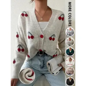 Women's Cherry Pattern Button Front Knit Cardigan, Elegant Long Sleeve Sweater Cardigan for Fall & Winter, Women's Knit Clothing for Daily Wear