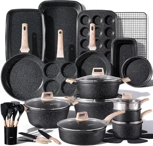 CAROTE 44pcs Pots and Pan Set Nonstick, Cookware Sets, Cooking Set Non Stick, Induction Cook Ware with Bakeware Set, Kitchen Knife Set
