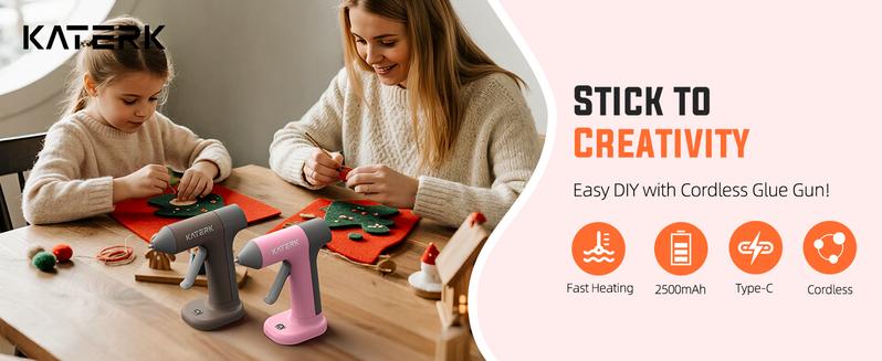 Katerk Cordless Hot Glue Gun Kit, 30s Fast Heating, Mini Glue Gun with 20 Glue Sticks, Compact & Portable with 2500mAh Built-in Battery, Auto Shut-Off, Ideal for DIY, School Crafts & Repairs