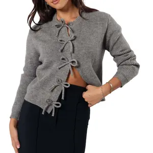Women's button sweater casual cute bow front long sleeved knitted cardigan autumn warm knitted street top winter