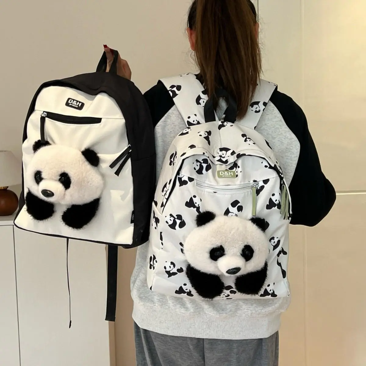 Cute 3D Plush Panda Backpack, 2 Styles Panda Print Large Capacity Student School Bag, Fresh All-match Daily Backpack