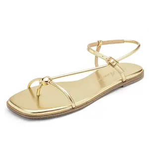 Women's Strappy Square Open Toe Comfortable Ankle Strap Beach Footwear, Flat Shoe Flipflop, Walking Shoe with Decor Accents