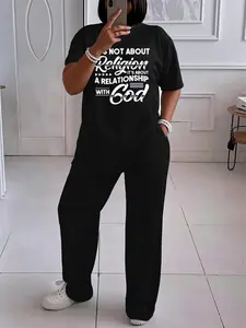 Women's Fashion Letter Print Short Sleeve Top & Wide Leg Pants Set, Casual Fitted Two-Piece Outfit for All Seasons