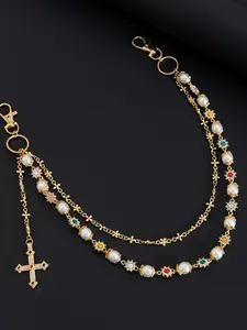 Men's Hip Hop Pearl Pants Chain Accessory, High-End Cross Pendant Waist Chain, Denim Jeans Fashion Jewelry, Unique Style, Pearl Waist Beads