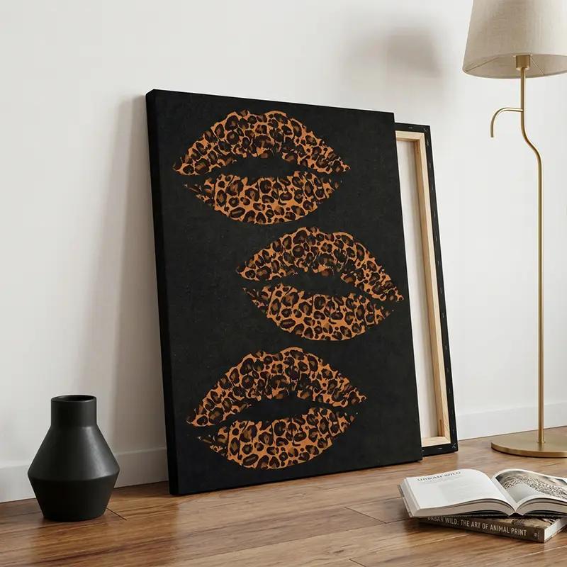 Black Leopard Animal Print Lip Art Canvas Poster Wall Decor with Optional Frame, Modern Minimalist Home Accessory, Perfect Gift for Wild Enthusiasts, Suitable for Living Room Decorations, Kid Room, Wardrobe, Military, Leopard Print