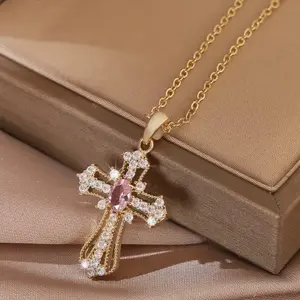Luxury Cross Pendant Necklace with Pink Zirconia and High-Quality Material