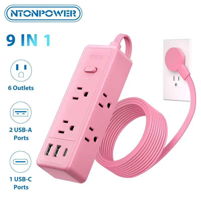 NTONPOWER 10FT Pink Flat Extension Cord - Compact Kawaii Electrical Power Strip with 6 AC Outlets, 2 USB-A Ports, 1 USB-C Port, Room Gadgets for Desk Use